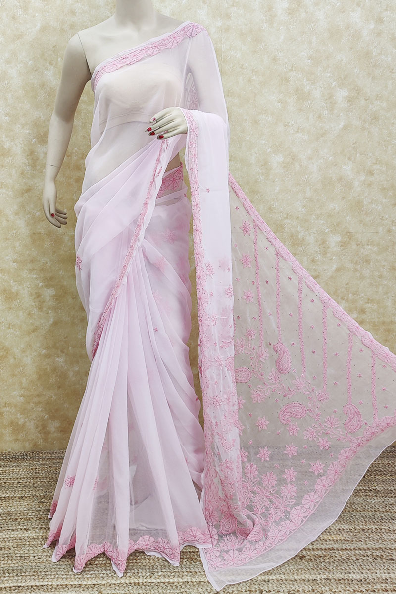 Light Pink Colour White Mukaish Hand Embroidered Lucknowi Chikankari Saree ( With Blouse - Georgette ) Mc251895